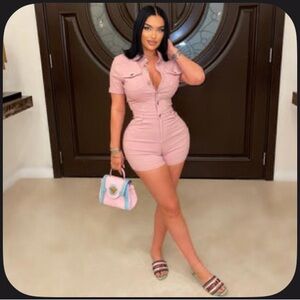 PoshbyV Blush Pink Short Denim Romper